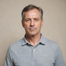 Detailed portrait of a middle-aged man with notable facial features, dressed in casual attire, standing confidently against a neutral background.