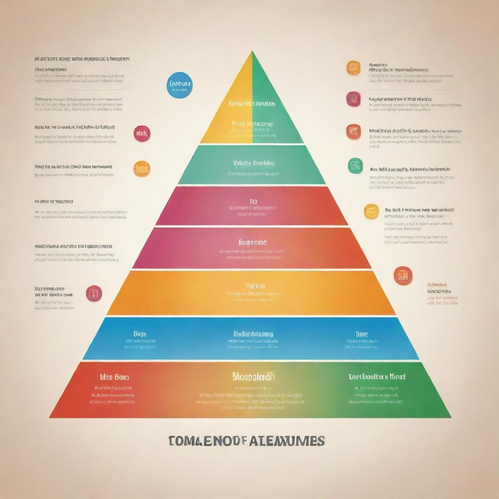 A vibrant, design-centric depiction of life through the lens of Maslow's Hierarchy of Needs. Display different life stages and aspirations on ascending levels of a pyramid, representing physiological needs to self-actualization.