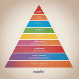 A vibrant, design-centric depiction of life through the lens of Maslow's Hierarchy of Needs. Display different life stages and aspirations on ascending levels of a pyramid, representing physiological needs to self-actualization.