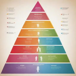 A vibrant, design-centric depiction of life through the lens of Maslow's Hierarchy of Needs. Display different life stages and aspirations on ascending levels of a pyramid, representing physiological needs to self-actualization.