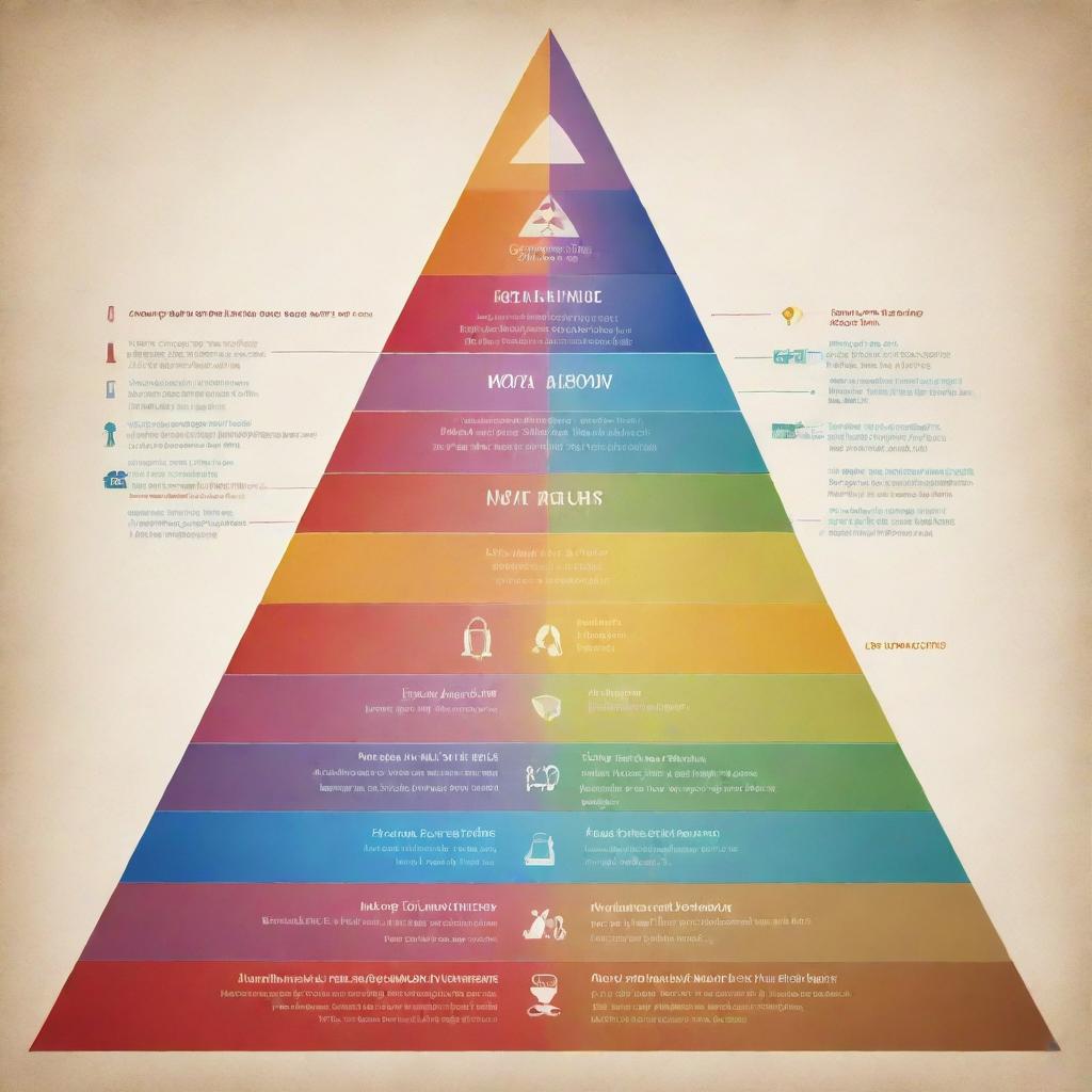 A vibrant, design-centric depiction of life through the lens of Maslow's Hierarchy of Needs. Display different life stages and aspirations on ascending levels of a pyramid, representing physiological needs to self-actualization.