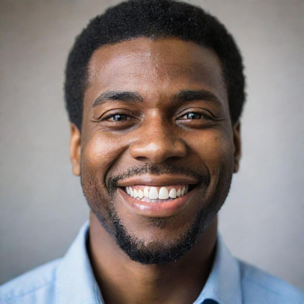 A portrait of a confident Black man smiling, his eyes filled with strength and wisdom.