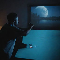 An image of a Black man, focused and engaged, playing a game of Valorant on a projector screen, his setup floating on a serene, moonlit lake.