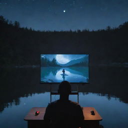 An image of a Black man, focused and engaged, playing a game of Valorant on a projector screen, his setup floating on a serene, moonlit lake.