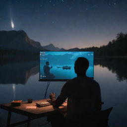 An image of a Black man, focused and engaged, playing a game of Valorant on a projector screen, his setup floating on a serene, moonlit lake.