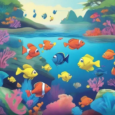 In the cartoon, the characters explore a hidden lagoon filled with colorful fish and coral reefs.