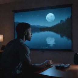 An image of a Black man, focused and engaged, playing a game of Valorant on a projector screen, his setup floating on a serene, moonlit lake.