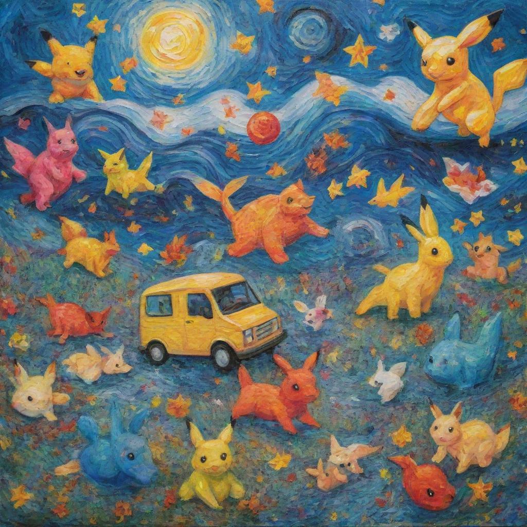 A vibrant rendition of a Van Gogh-style painting with various Pokemon playfully scattered across the canvas