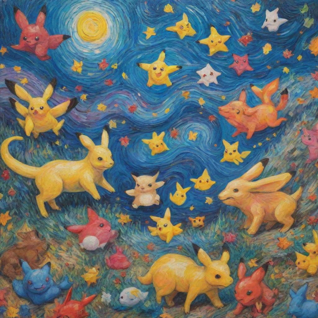 A vibrant rendition of a Van Gogh-style painting with various Pokemon playfully scattered across the canvas