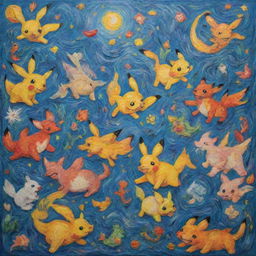 A vibrant rendition of a Van Gogh-style painting with various Pokemon playfully scattered across the canvas