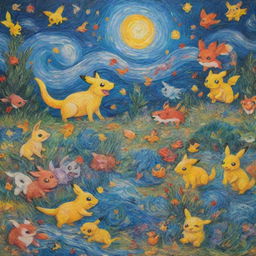 A vibrant rendition of a Van Gogh-style painting with various Pokemon playfully scattered across the canvas