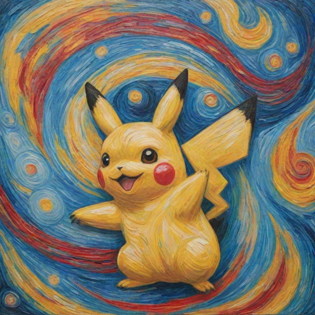 A Van Gogh-style painting, filled with swirling, vibrant colors with a single Pikachu nestled subtly within the tableau