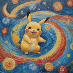 A Van Gogh-style painting, filled with swirling, vibrant colors with a single Pikachu nestled subtly within the tableau