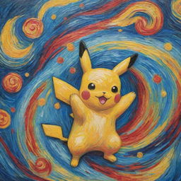 A Van Gogh-style painting, filled with swirling, vibrant colors with a single Pikachu nestled subtly within the tableau