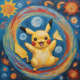 A Van Gogh-style painting, filled with swirling, vibrant colors with a single Pikachu nestled subtly within the tableau