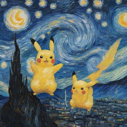 Van Gogh's masterpiece 'Starry Night' reimagined with a single Pikachu playfully perched on one of its swirling brush strokes