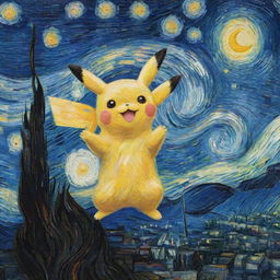 Van Gogh's masterpiece 'Starry Night' reimagined with a single Pikachu playfully perched on one of its swirling brush strokes