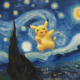 Van Gogh's masterpiece 'Starry Night' reimagined with a single Pikachu playfully perched on one of its swirling brush strokes