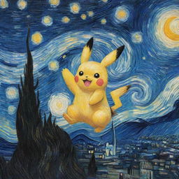 Van Gogh's masterpiece 'Starry Night' reimagined with a single Pikachu playfully perched on one of its swirling brush strokes