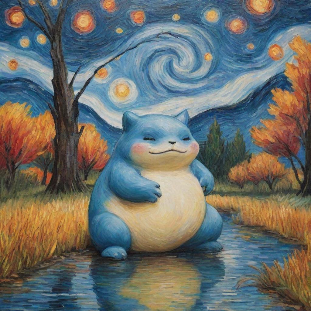 A Van Gogh-style painting, brimming with passionate brush strokes and colors, with a single Snorlax peacefully resting in this energetic scene