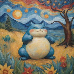 A Van Gogh-style painting, brimming with passionate brush strokes and colors, with a single Snorlax peacefully resting in this energetic scene