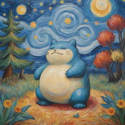 A Van Gogh-style painting, brimming with passionate brush strokes and colors, with a single Snorlax peacefully resting in this energetic scene