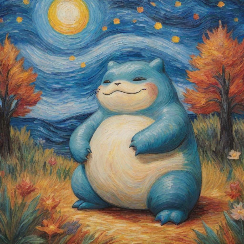 A Van Gogh-style painting, brimming with passionate brush strokes and colors, with a single Snorlax peacefully resting in this energetic scene