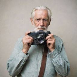 An old man with weathered features and white hair, holding a vintage camera in a comfortable stance, ready to capture a moment