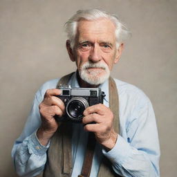 An old man with weathered features and white hair, holding a vintage camera in a comfortable stance, ready to capture a moment