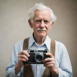 An old man with weathered features and white hair, holding a vintage camera in a comfortable stance, ready to capture a moment