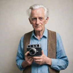 An old man with weathered features and white hair, holding a vintage camera in a comfortable stance, ready to capture a moment