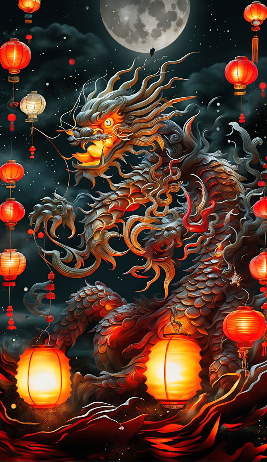 A traditional Chinese fire dragon dances in the night sky surrounded by floating lanterns decorated with Chinese zodiac symbols.