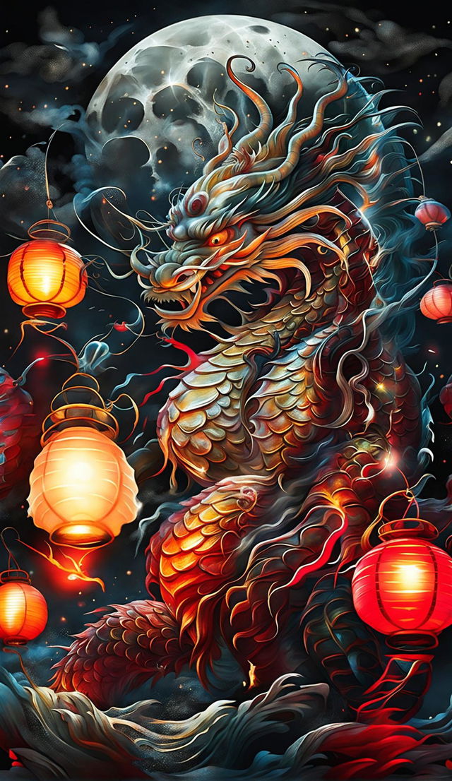 A vividly detailed Chinese fire dragon blazes in the night sky, surrounded by floating lanterns adorned with Chinese zodiac symbols.