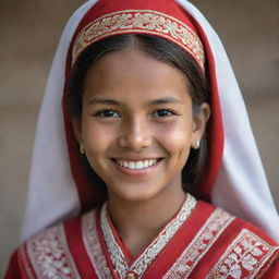 A detailed portrait of a smiling girl wearing traditional clothing