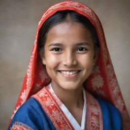 A detailed portrait of a smiling girl wearing traditional clothing