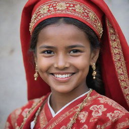 A detailed portrait of a smiling girl wearing traditional clothing