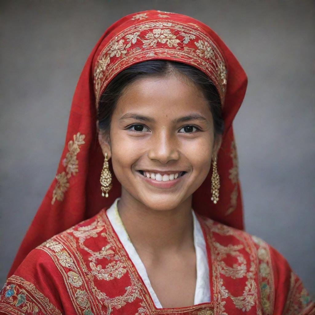 A detailed portrait of a smiling girl wearing traditional clothing