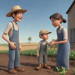 A 3D cartoon image evoking a sense of empathy, showcasing a farmer and his son engrossed in a conversation, intending to assist a sorrowful woman.