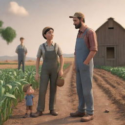 A 3D cartoon image evoking a sense of empathy, showcasing a farmer and his son engrossed in a conversation, intending to assist a sorrowful woman.