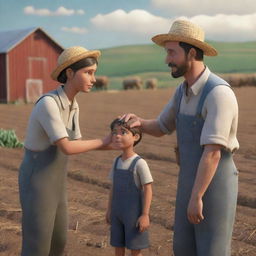 A 3D cartoon image evoking a sense of empathy, showcasing a farmer and his son engrossed in a conversation, intending to assist a sorrowful woman.