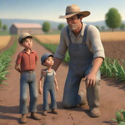 A 3D cartoon image evoking a sense of empathy, showcasing a farmer and his son engrossed in a conversation, intending to assist a sorrowful woman.