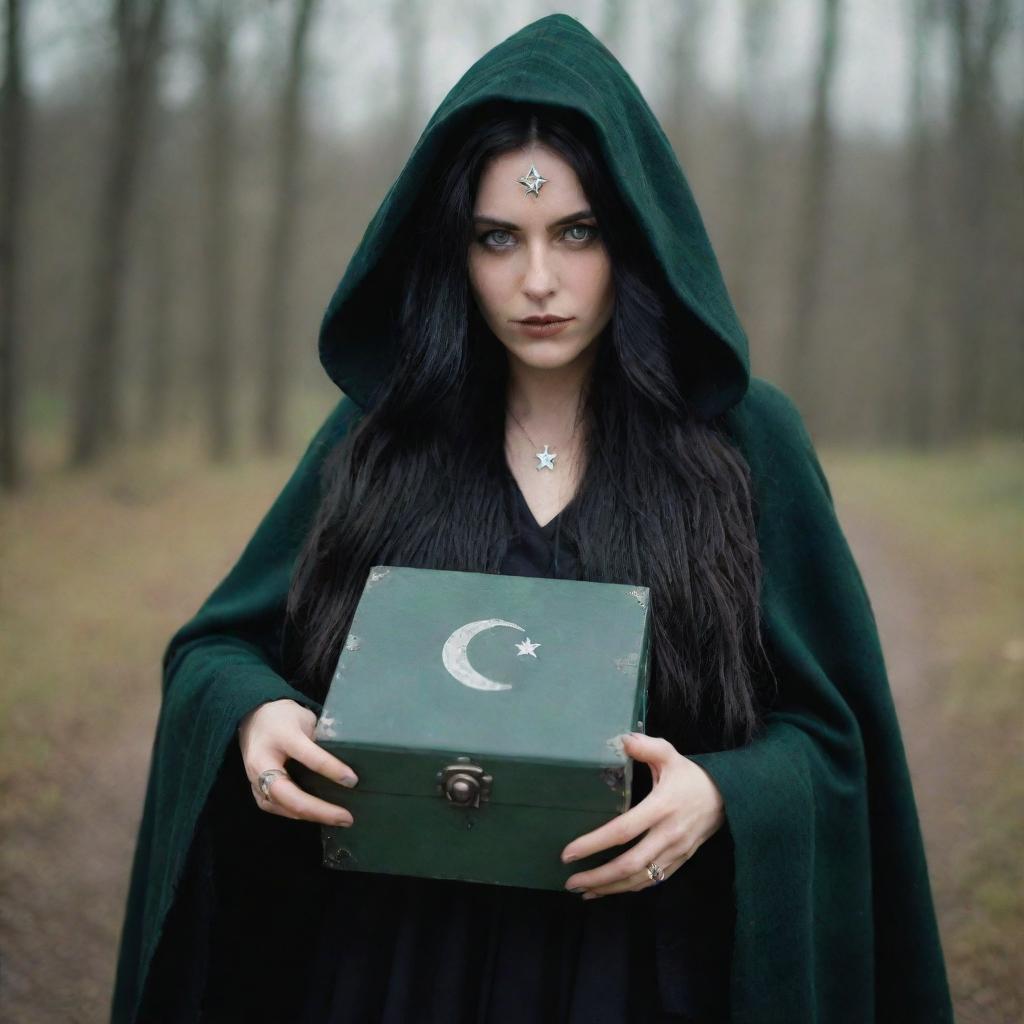 A witch with long, flowing black hair and piercing green eyes, wearing a tattered, midnight black cloak adorned with silver moon and star symbols, holding a mysterious box. Shot using a 140mm lens, with a Kodak Gold 200 aesthetic in a 8K resolution, medium shot.