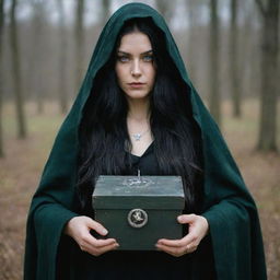 A witch with long, flowing black hair and piercing green eyes, wearing a tattered, midnight black cloak adorned with silver moon and star symbols, holding a mysterious box. Shot using a 140mm lens, with a Kodak Gold 200 aesthetic in a 8K resolution, medium shot.