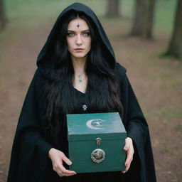 A witch with long, flowing black hair and piercing green eyes, wearing a tattered, midnight black cloak adorned with silver moon and star symbols, holding a mysterious box. Shot using a 140mm lens, with a Kodak Gold 200 aesthetic in a 8K resolution, medium shot.