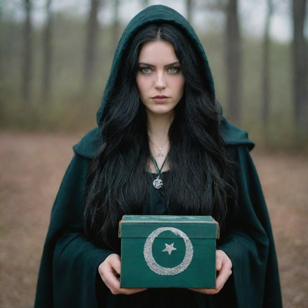 A witch with long, flowing black hair and piercing green eyes, wearing a tattered, midnight black cloak adorned with silver moon and star symbols, holding a mysterious box. Shot using a 140mm lens, with a Kodak Gold 200 aesthetic in a 8K resolution, medium shot.