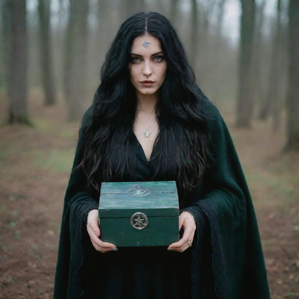 A witch with long, flowing black hair and piercing green eyes, wearing a tattered, midnight black cloak adorned with silver moon and star symbols, holding a mysterious box. Shot using a 140mm lens, with a Kodak Gold 200 aesthetic in a 8K resolution, medium shot.