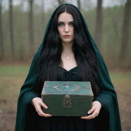 A witch with long, flowing black hair and piercing green eyes, wearing a tattered, midnight black cloak adorned with silver moon and star symbols, holding a mysterious box. Shot using a 140mm lens, with a Kodak Gold 200 aesthetic in a 8K resolution, medium shot.