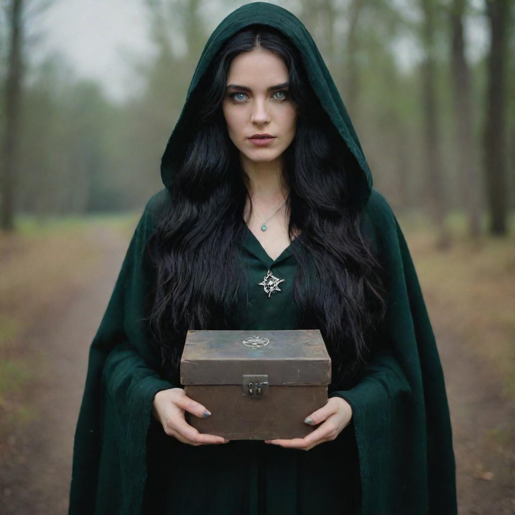 A witch with long, flowing black hair and piercing green eyes, wearing a tattered, midnight black cloak adorned with silver moon and star symbols, holding a mysterious box. Shot using a 140mm lens, with a Kodak Gold 200 aesthetic in a 8K resolution, medium shot.