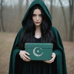 A witch with long, flowing black hair and piercing green eyes, wearing a tattered, midnight black cloak adorned with silver moon and star symbols, holding a mysterious box. Shot using a 140mm lens, with a Kodak Gold 200 aesthetic in a 8K resolution, medium shot.