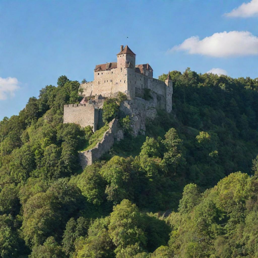 An old medieval burg nestled on top of a hill surrounded by a lush green forest under a clear blue sky.